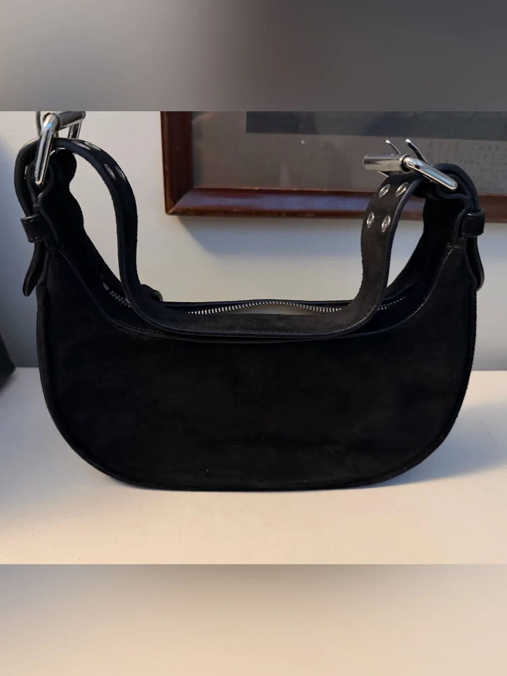BY FAR Soho Black Suede Shoulder Bag with Studded Strap